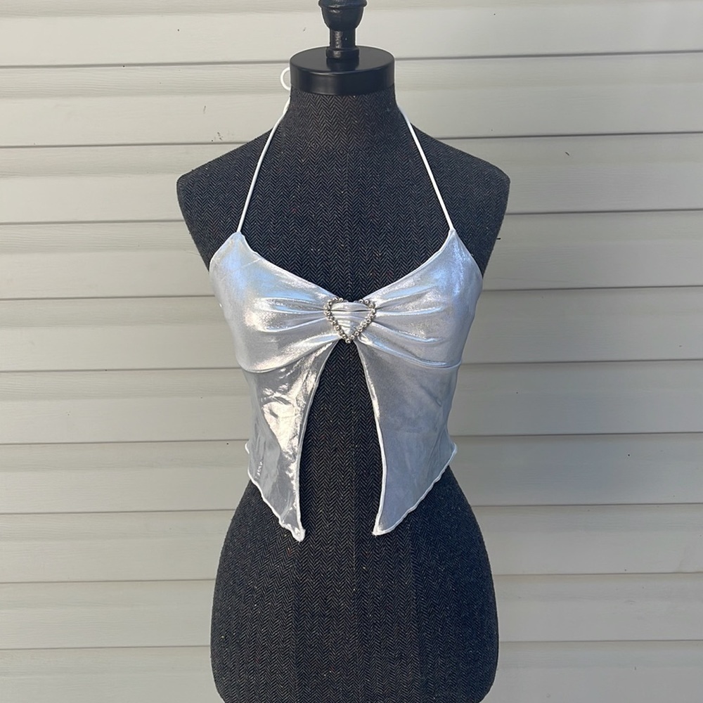 Heart Ring Linked Tie Backless Halter Top Silver Size XS - Picture 2 of 5
